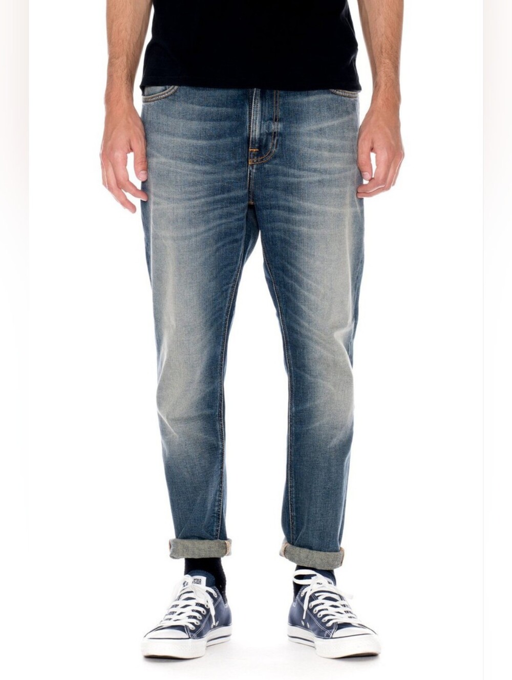 Men's Nudie Brute Knit Blue Hike Washed Tapered-Leg Jeans